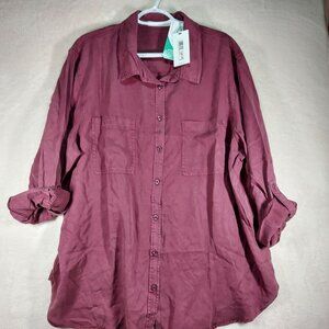 Calvin Klein tencel woman wine Blouse Chest Pockets Oversized Shirt 2XL